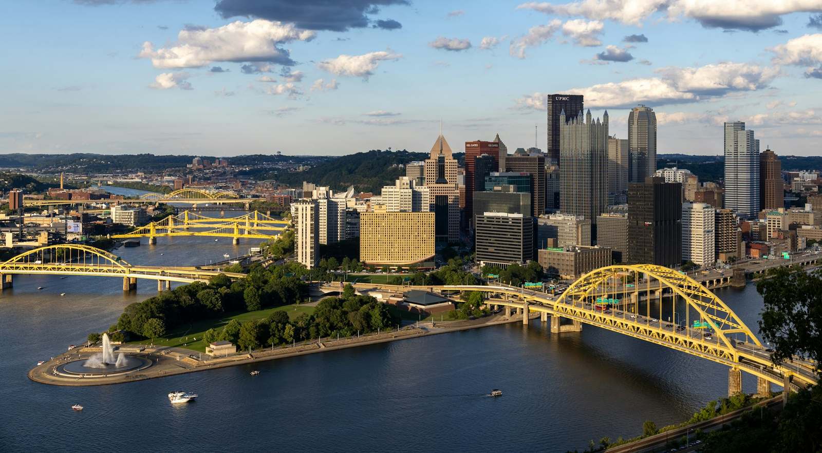 Aerial view of downtown Pittsburgh at the confluence of the three rivers, home of Galanter Tomosovich, LLC